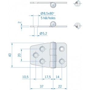 Roca staartscharnier vlak RVS 59 x 40 mm 441500