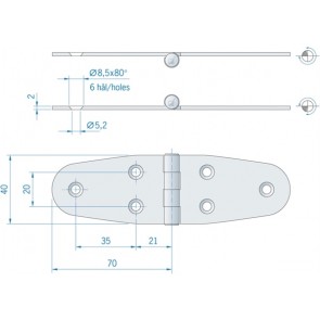 Roca staartscharnier vlak RVS 140 x 40 mm  441720