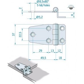 Roca staartscharnier hoek RVS 66 x 37 mm 441571